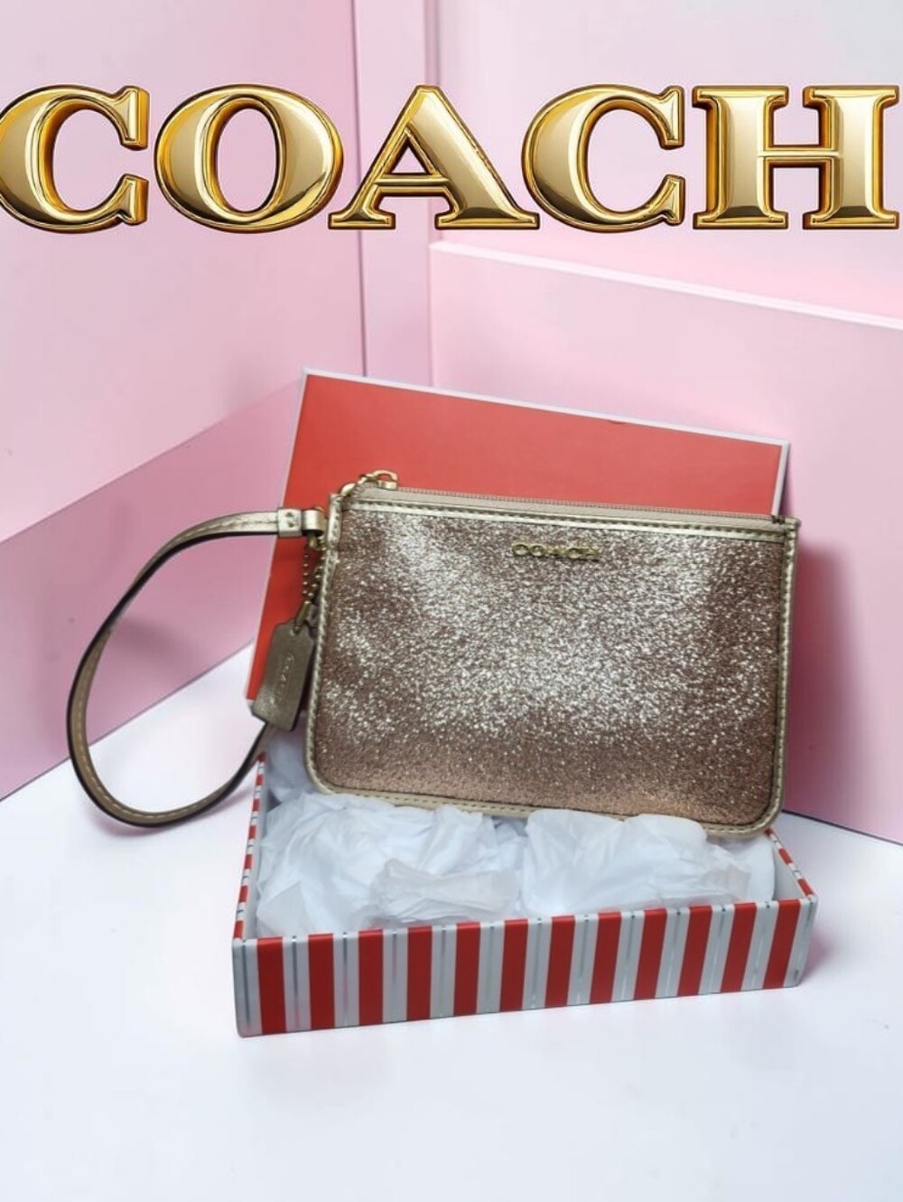 COACH Gold Glitter Wristlet with Box Like New